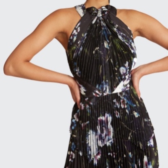 Theia Trinity Floral Pleated Halter Dress - Picture 3 of 13